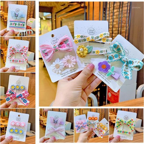 

5set/lot new children hair accessories embroidery flower bow hairpins girls princess hair clip retro barrettes kids headwear set1, Slivery;white