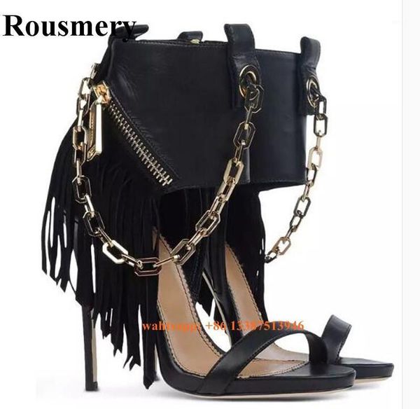 

western style women fashion ankle wrap tassels gladiator sandals one strap chain design high heel ankle boots dress shoes1, Black