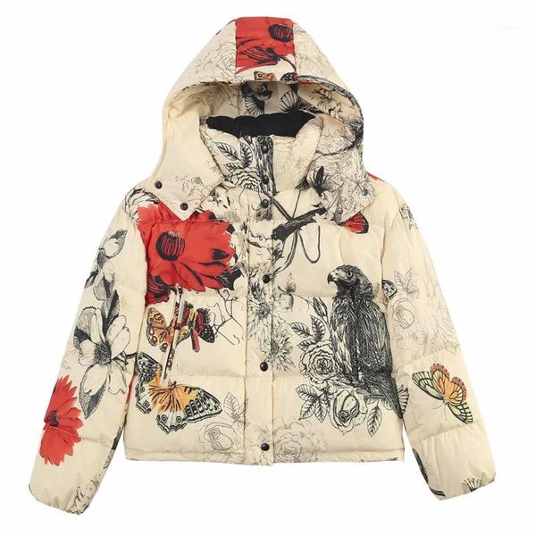 

ukraine winter coat women clothes casual vintage 2018 new short butterfly print cap loose bread cotton padded jacket female a7051, Black