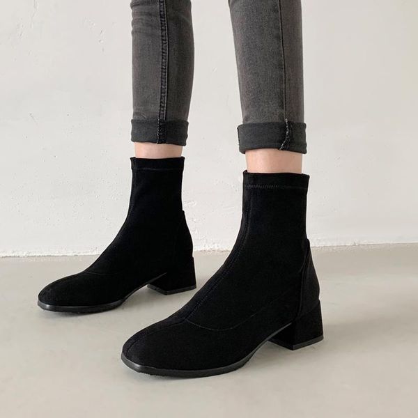 

boots women shoes high heels slip ankle winter stretch socks elegant square female plus size 32- 43, Black
