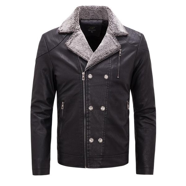 

men's fur & faux fashion leather jacket men winter warm pu coat plus velvet thicken windproof motorcycle outerwear jackets male, Black