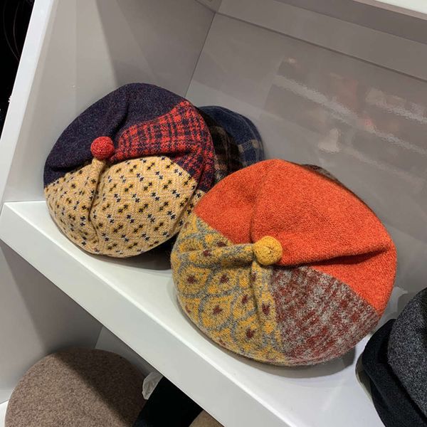 

beret jmx / national women's autumn and winter color matching lovely versatile personality australian hair hat, Blue;gray