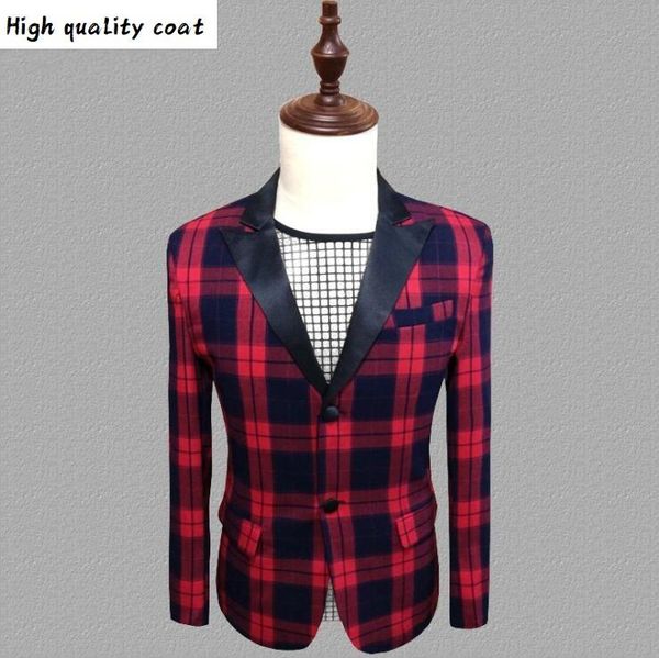

new fashion england red plaid long-sleeved men suit costume wedding presenter dress men's korean nightclub slim suits s-5xl, White;black