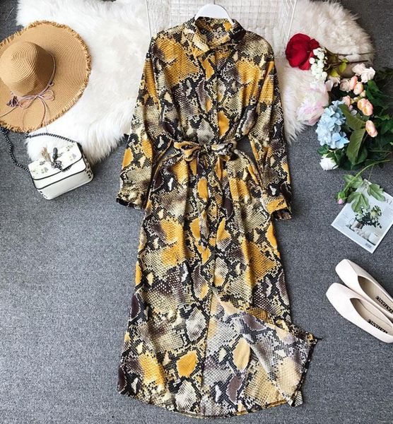 

2020 spring summer women's chic snake pattern dress long-sleeved new loose thin tide shirt dress long lace dress female wa407, Black;gray
