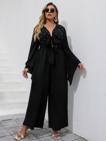 

plus pearl beaded tie front trumpet sleeve jumpsuit v4dl#, Black