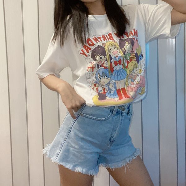 

beautiful girl warrior bf style pure cotton loose korean short t-shirt sleeve ins cartoon cartoon print medium length white t-shirt mkdrv mk