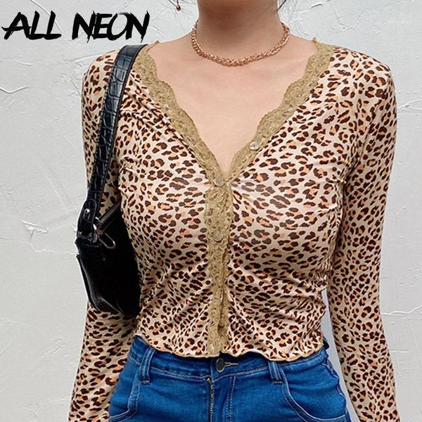 

allneon e-girl wild deep v-neck single-breasted lace trim t-shirts y2k fashion leopard printing long sleeve skinny cropped 1, White