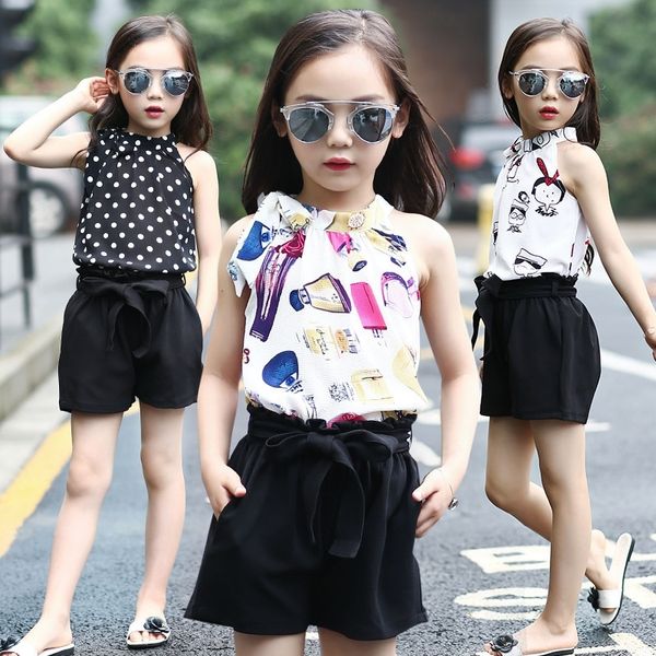 

clothing sets chiffon polka dot vests & shorts 2 pcs summer cartoon t-shirts for girls kids outfits 4 5 6 7 9 11 years y200325, White