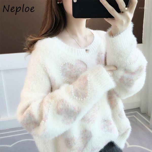 

neploe fashion chic long sleeve round neck pullover women 2020 autumn new loose knit women casual loose love heart sweater1, White;black