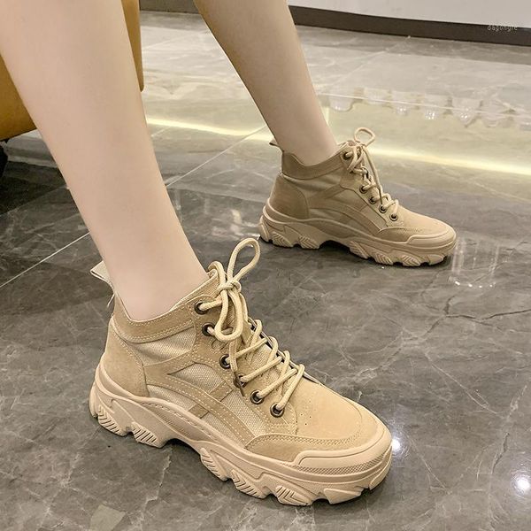 

boots 2021 autumn solid leather ankle thick bottom chunky sneakers lace up winter for women shoes woman plus size1, Black