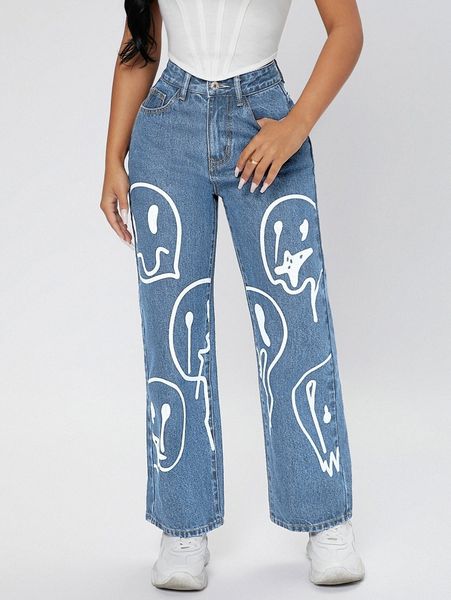 

petite cartoon graphic wide leg jeans 23hm#, Blue