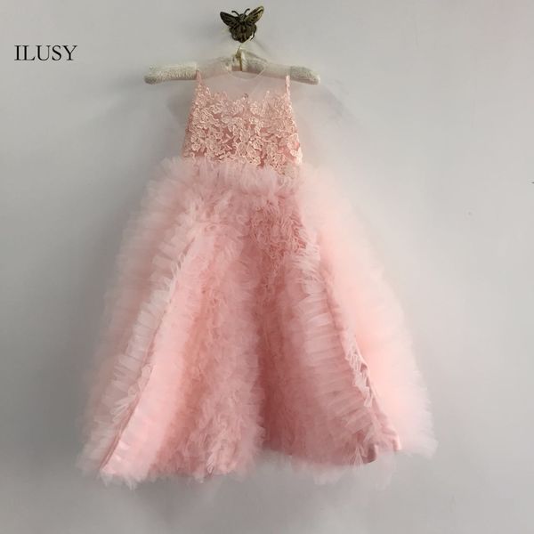 

ilusy pink ball gown flower girl dresses puffy crew collar sleeveless child dress with ruffles bow, Red;yellow