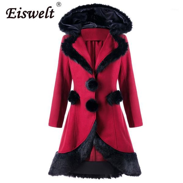 

eiswelt new vintage christmas solid wool blend winter wool coat women outerwear & coats hooded fur jacket coat back lace up1, Black