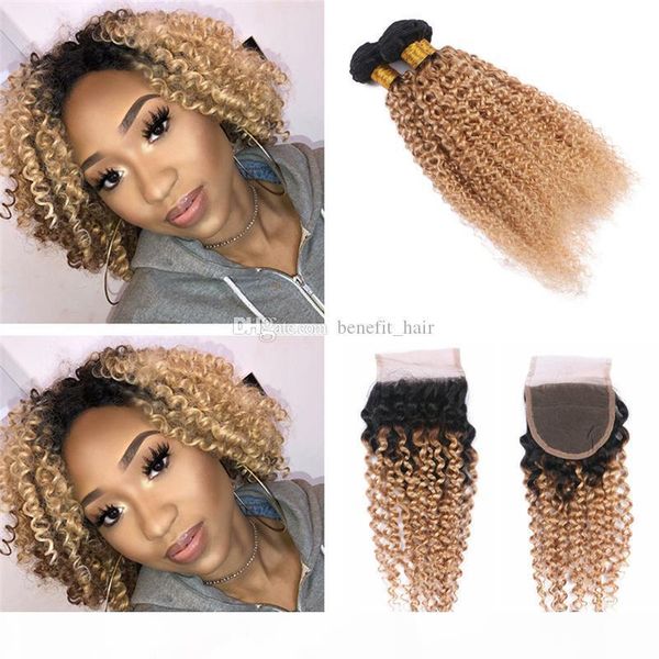 

ombre 1b 27 curly hair bundles with lace closure 4x4 honey blonde afro kinky curly hair weaves with lace closure 4pcs lot, Black;brown