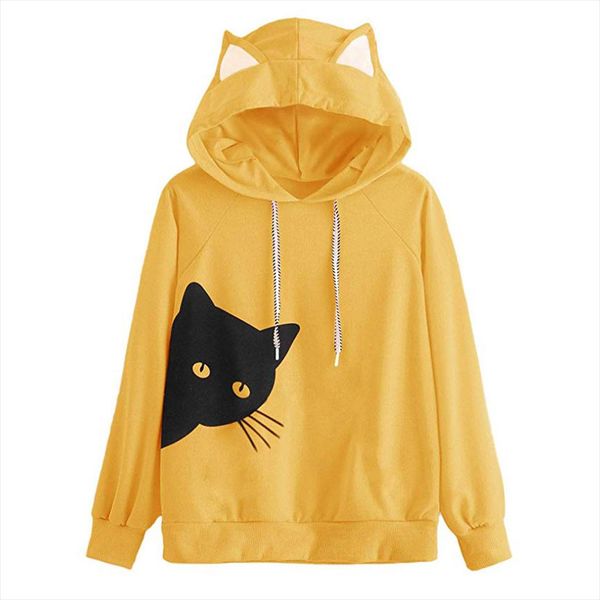 

fashion women casual simple sweatshirt cat ear hoodie long sleeve comfortable popular soft pullover blouse, Black