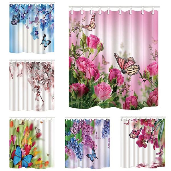 

shower curtains pink pose butterfly print waterproof curtain polyester washable fabric bath home bathroom with 12 hooks