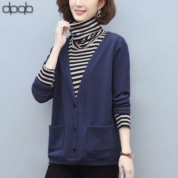 

fake two pieces of high collar sweater women plush thickening new autumn and winter loose korean style jacket, Black