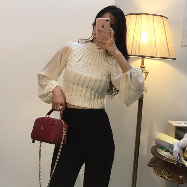 

2021 new retro-feminine knitting sweater mock neck shreds fine lantern sleeves cut from winter mesh hah9, White;black