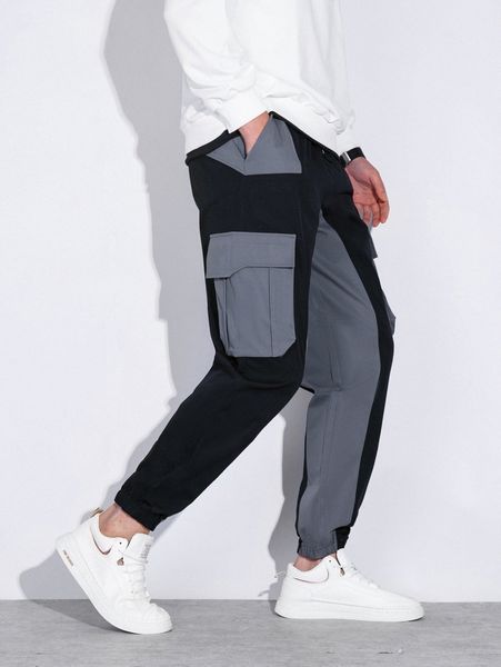 

men two tone drawstring waist cargo pants d368#, Black