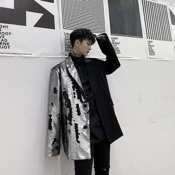 

nice autumn and winter original sequin stitching contrast color suit fashion casual jacket coat trend black m-xl1, White;black