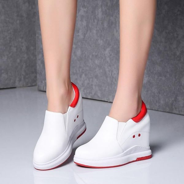 

2021 new genuine leather women sneakers platform shoes hidden height increasing casual wedge shoes female high heel 10cm, Black
