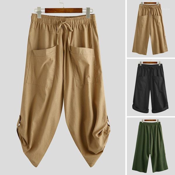 

incerun men fashion drop crotch harem pants men casual pants cotton linen solid loose jogger retro elastic waist trousers 5xl 71, Black