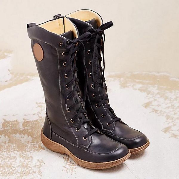 

boots mid-carlf british flat shoes women casual fashion winter autumn lace-up pu leather booties boats 2021, Black