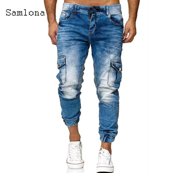 

men's jeans samlona mens fashion pockets denim pant male 2021 punk style pants streetwear blue black pencil trousers