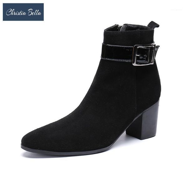 

christia bella business men genuine leather british style men boots increase height winter buckle formal boots male zip1, Black