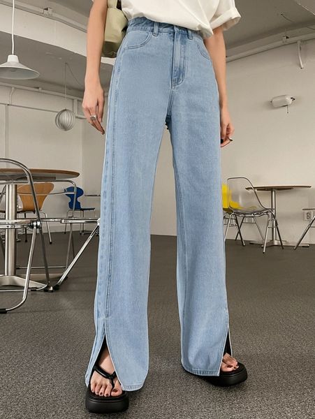 

dazy high waist slit hem straight leg jeans c3v0#, Blue