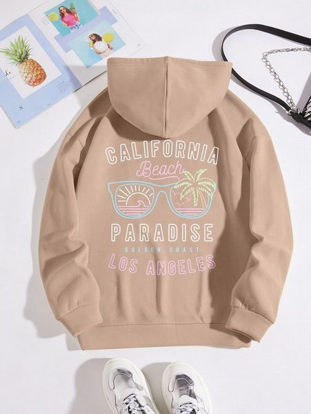 

palm tree & letter graphic drawstring thermal hoodie m9ai#, White;black