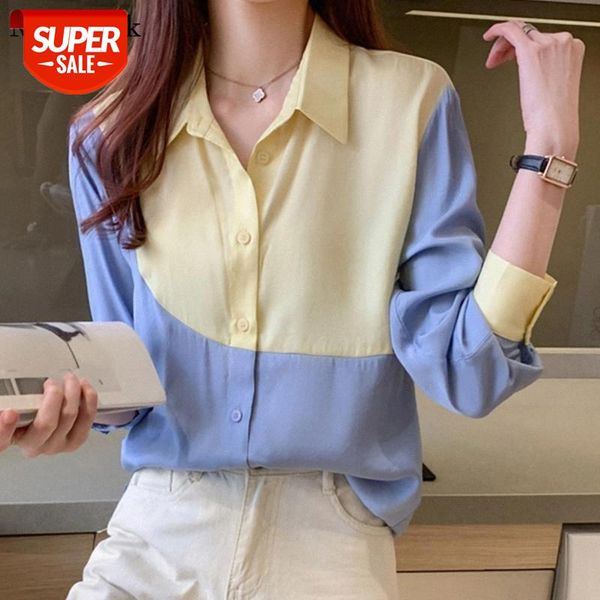 

autumn korean long sleeve shirt women color patchwork fashion ladies and blouses casual cardigan office blouses women 11373 #ht4a, White