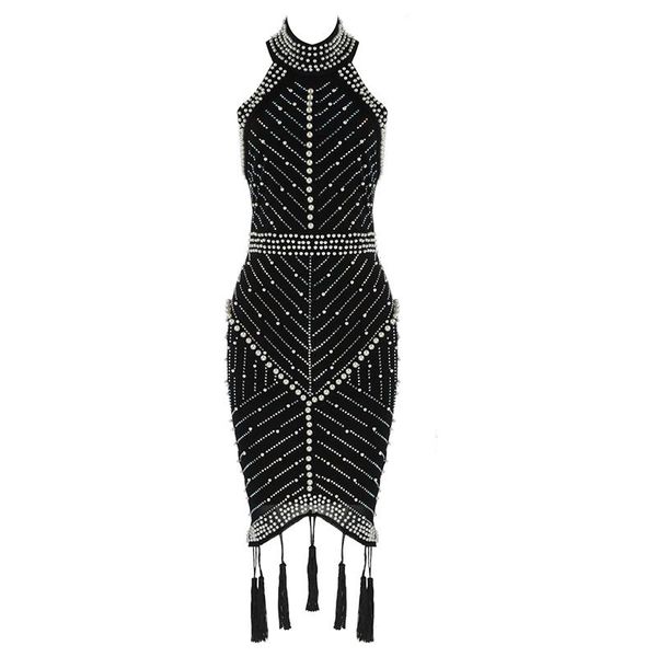 

casual dresses bandage dress bead 2021 arrival sleeveless halter summer party club celebrity ladies clothes, Black;gray