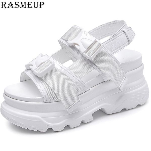 

rasmeup platform women's sandals 2019 fashion summer leather buckle women thick soled beach sandal casual chunky woman shoes, Black