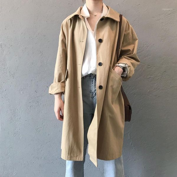 

spring fall women long trench kahki green long sleeve single-breasted overalls outwears casual loose windbreaker female 1, Tan;black