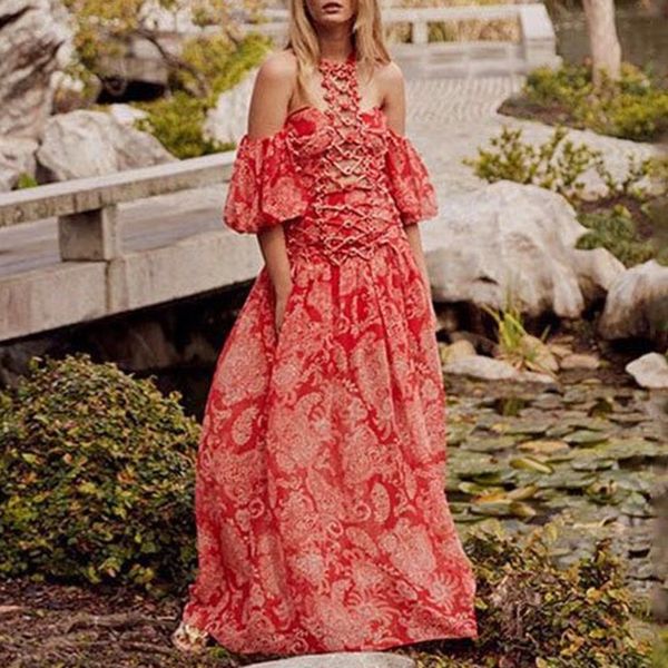 

elegant cutout printed womens dress womens 2020 fall slim fit lantern short sleeve neck long dress fashion, White;black