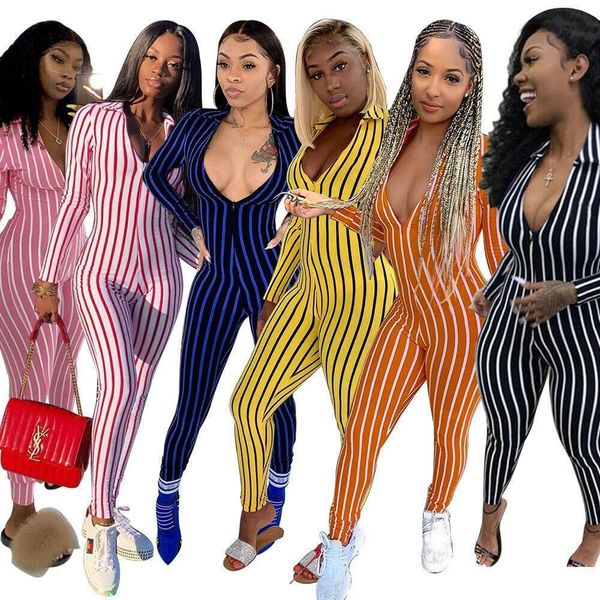 

women striped bodycon jumpsuit low-cut long sleeve jumpsuits clubwear deep v neck tight romper female rompers, Black;white