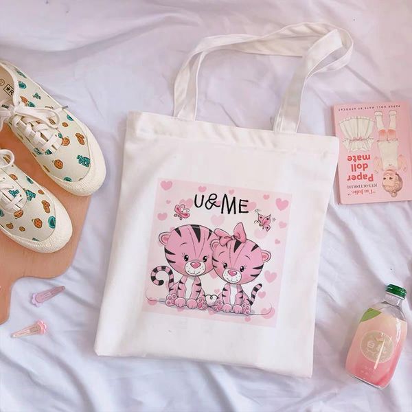 

two loving tiger cute shoulder canvas bags sweet love cartoon shopping bag handbag large capacity messenger harajuku women bag