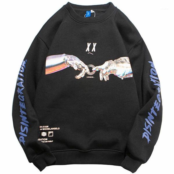 

mens hip hop harajuku streetwear pullover two hands loading printed sweatshirt cotton loose no hood black sweat shirt1, White;black