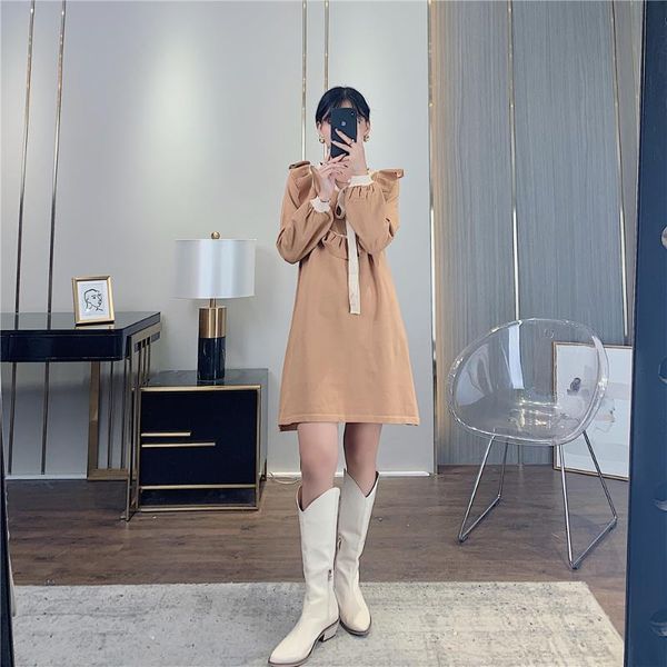 

lotus leaf lace bowknot knitted dress female spring and winter doll dress a-line black ruffles short loose dresses, Black;gray