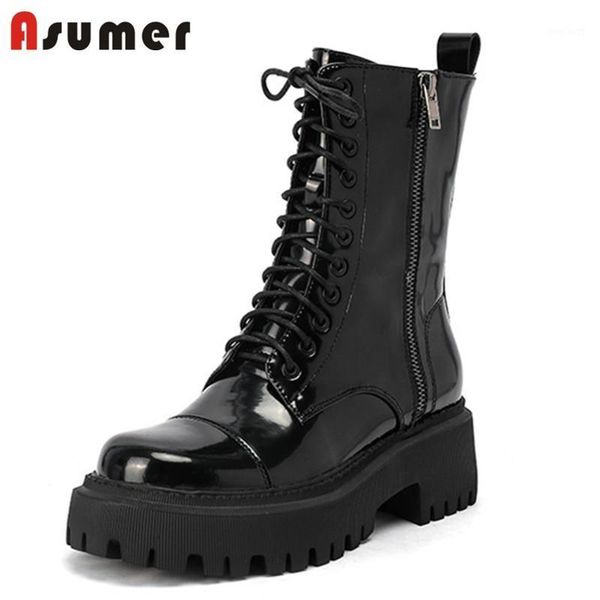 

asumer 2021 quality motorcycle boots women fashion autumn winter thick bottom casual shoes patent leather women ankle boots1, Black