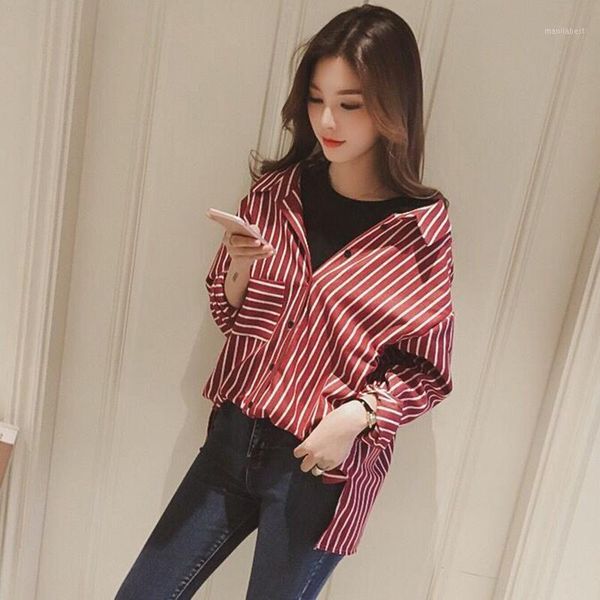 

women casual vintage fake two-piece stripes print lapel shirt loose single-breasted long sleeve elegant blousews1, White