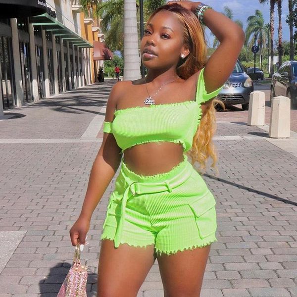 

neon green two piece set women shorts and set summer club outfits 2pcs short sets for women matching sets streetwear1, White