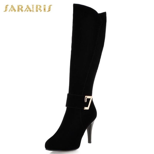 

sarairis 2021 big size 43 metal decoration thin high heels knight boots woman shoes platform mature boots female, Black