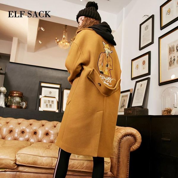

elf sack winter coat new women wide lapel belt pocket wool blend coat animal print casual trench outwear wool women1, Black