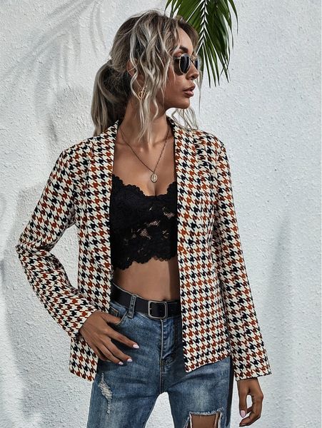 

houndstooth shawl collar open front blazer j9vq#, White;black