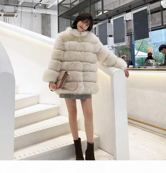 

elegant female europe united states coat stand collar fur coat girl long fake fox fur fur coat for women, Black