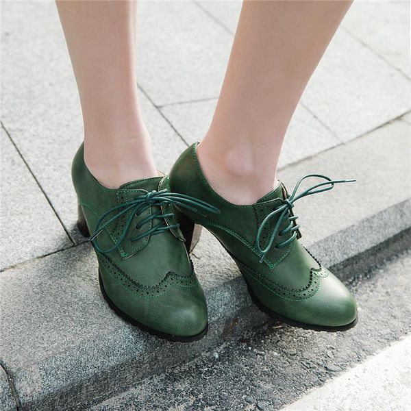 

dress shoes spring women brogue vintage chunky heel oxford lace up high heels female fashion elegant ladies green brown, Black
