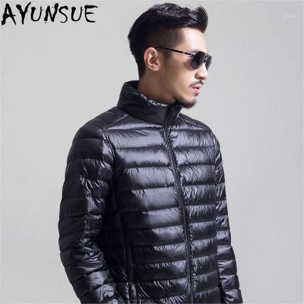 

ayunsue 2018 autumn winter puffer duck down jacket ultra light men 90% down parkas fashion mens stand collar outerwear lx22071, Black