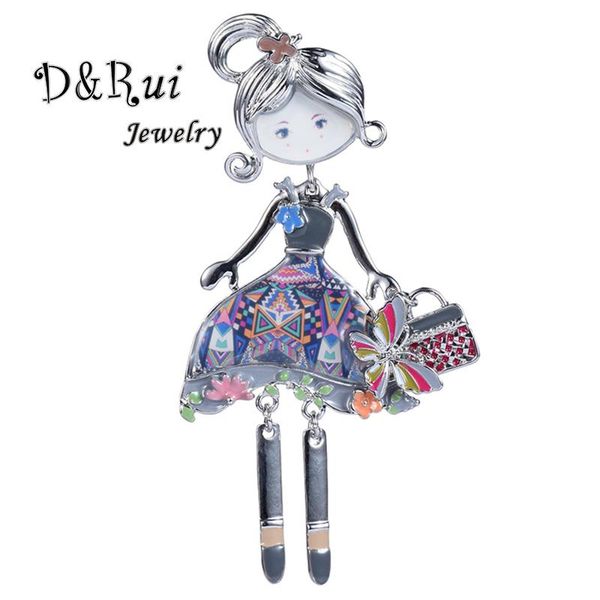 

d&rui jewelry beautiful girl wearing dress brooch & pin for women kids blue enamel kawaii lapel brooches badges sweater pins, Gray